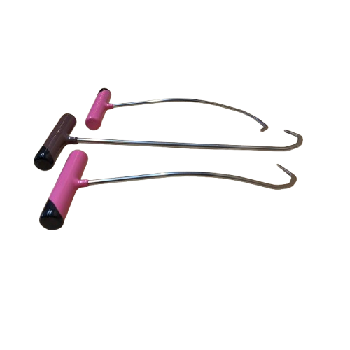 Angled view of Upper Brace Angels PDR tools showing curved shafts and bent working tips